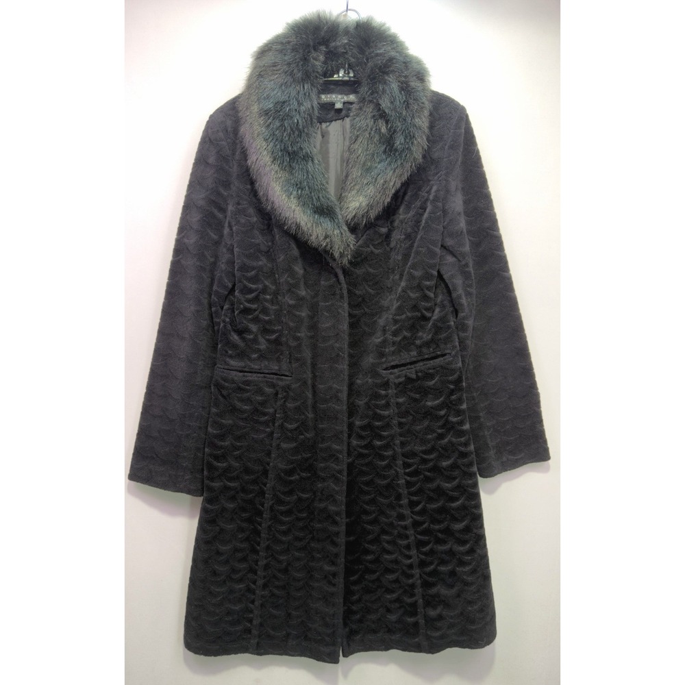 Giacca Gallery Coat Womens M Black Faux Fur Collar Long Y2K Textured Glam